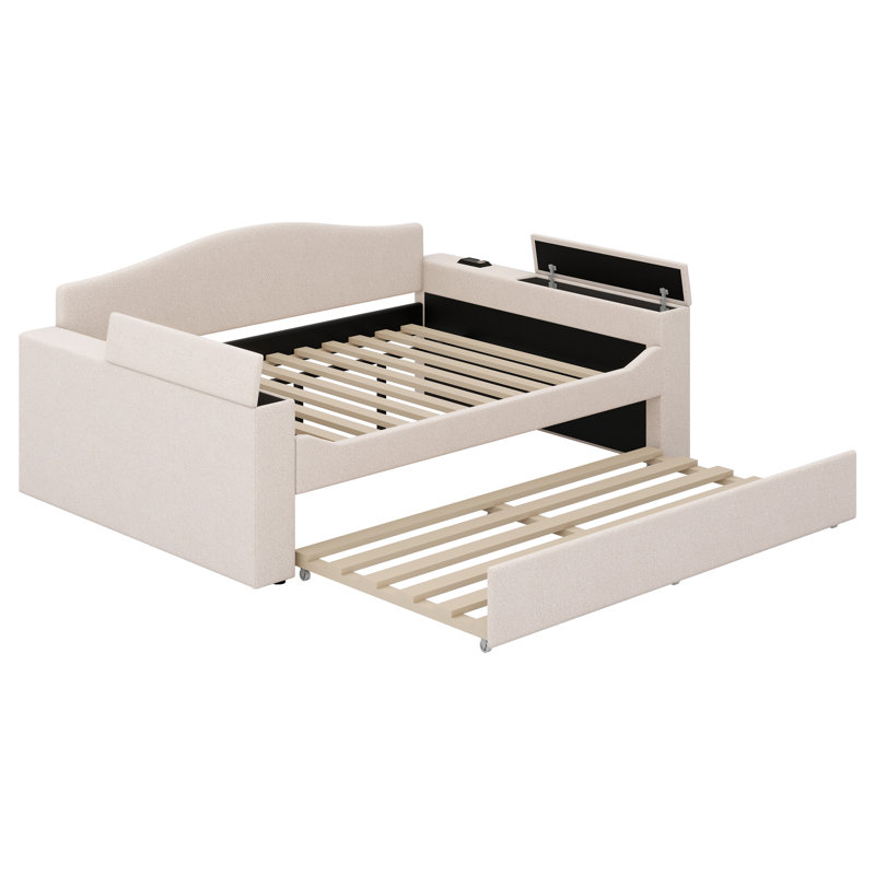 Lit de jour rembourré avec accoudoirs de rangement, lit gigogne et dernier système audio Bluetooth intégré, Beige