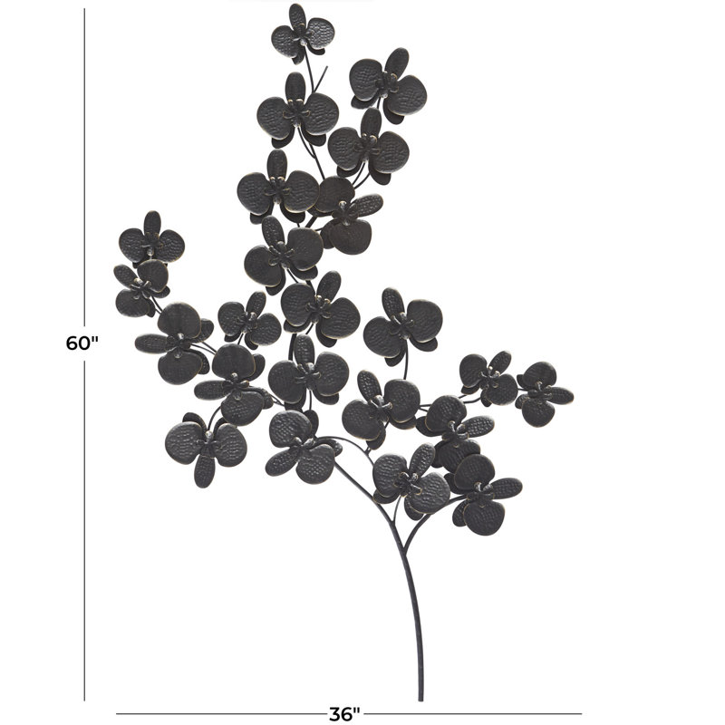 Metal Orchid Floral Wall Decor with Stem, 60" H x 36" W x 2" D, Black