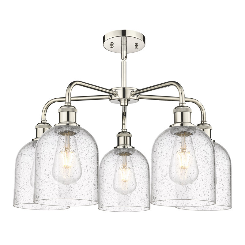 Lustre en forme de cloche à intensité variable en acier à 5 lumières Odaniel, Nickel satiné, Blanc lustré