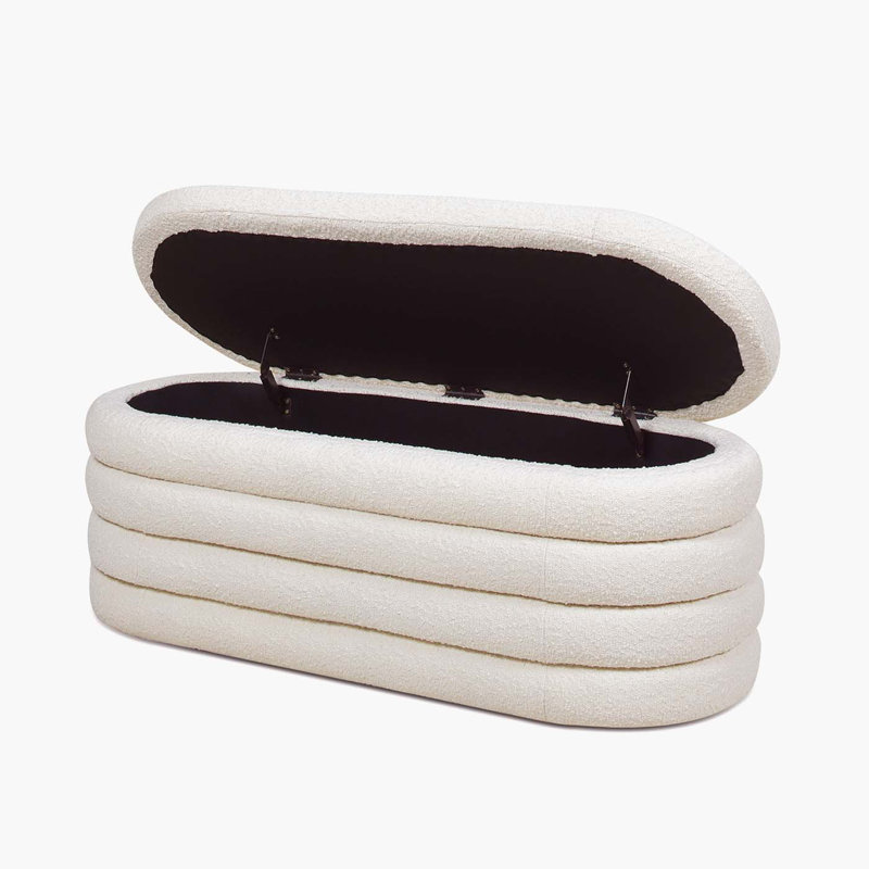 Ivory White Boucle 49" Upholstered Oval Storage Bench with Horizontal Tufting