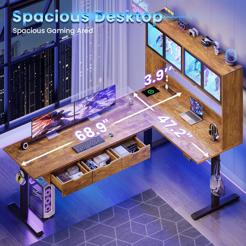 68.9" Standing L Shaped Gaming Desk, Office Computer Desk With Storage Hutch And Drawers, Brown/Black