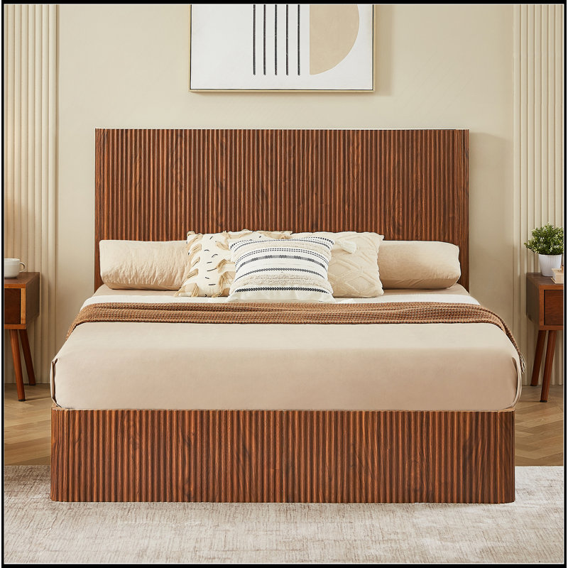 Queen Size Lift Up Storage Bed Frame, Wooden Corrugated Curved Lines, Hydraulic Storage/No Box Spring Needed., Walnut