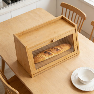 Bamboo Bread Box With Acrylic Door For Kitchen Countertop, Large Capacity Bread Storage Container For Easy Access And Cleaning
