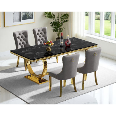 Luxury 68" Faux Marble Dining Table Set, Modern Dining Room Table with Dining Chairs, Black Dining Table with Faux Marble Top & Stainless Steel Pedestal, Large Dining Table and Chairs Set for Home Furniture