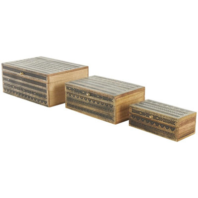 Knoble Mango Wood Handmade Storage Geometric Decorative Box with Black Tribal Carvings and Gold Accents Set