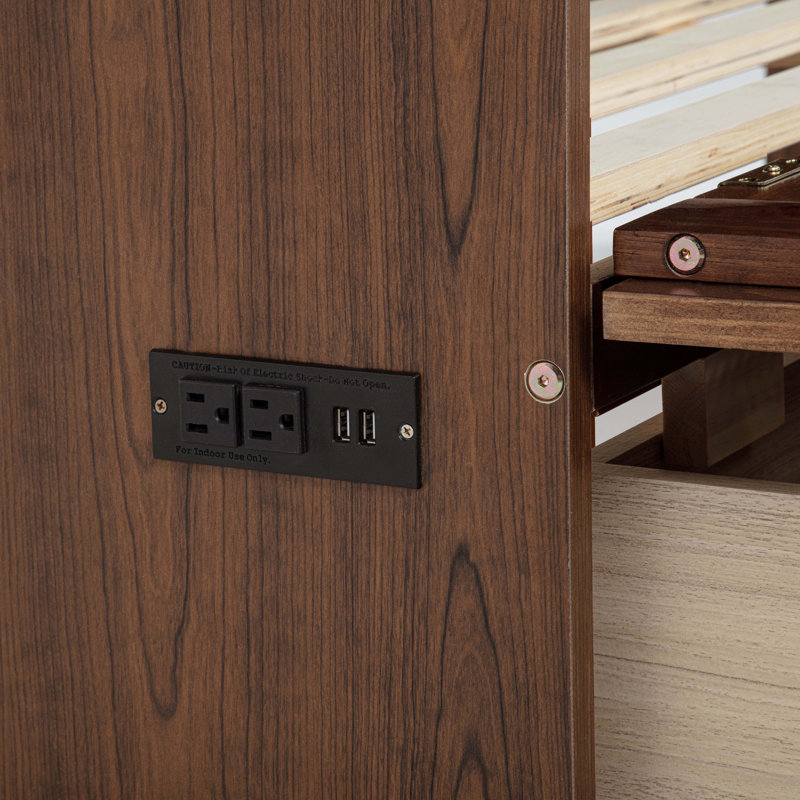 Grand lit escamotable, armoire-lit en bois de pin avec centrale électrique et panneau de décoration en rotin, Noyer