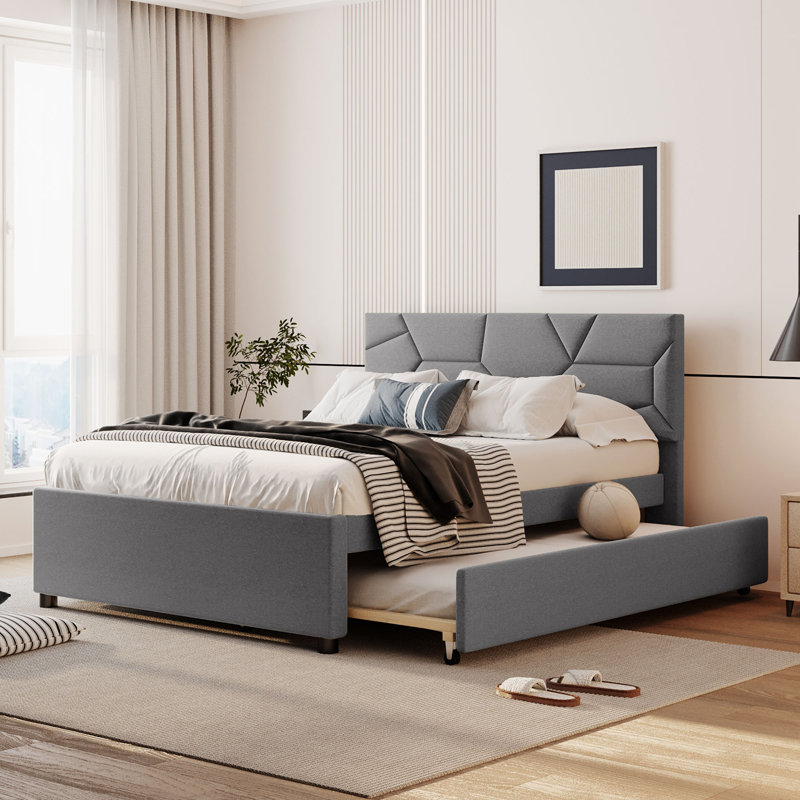 Lit plateforme tapissier avec lit gigogne, Plein, Gris