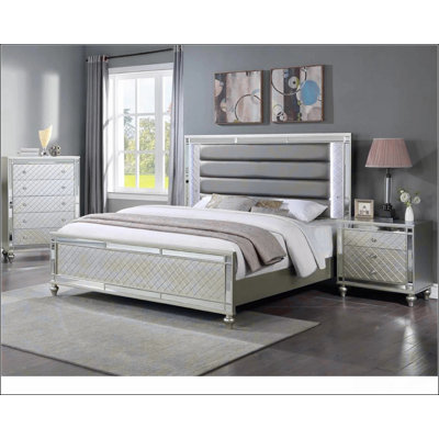 Modern Glam Style Champagne Finish Queen Size Panel Bed White & Blue LED Light Mirror