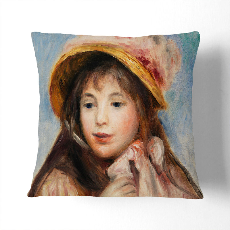 Girl With Pink Bonnet Square Throw Cushion, 40cm H x 40cm W x 15cm D, Black