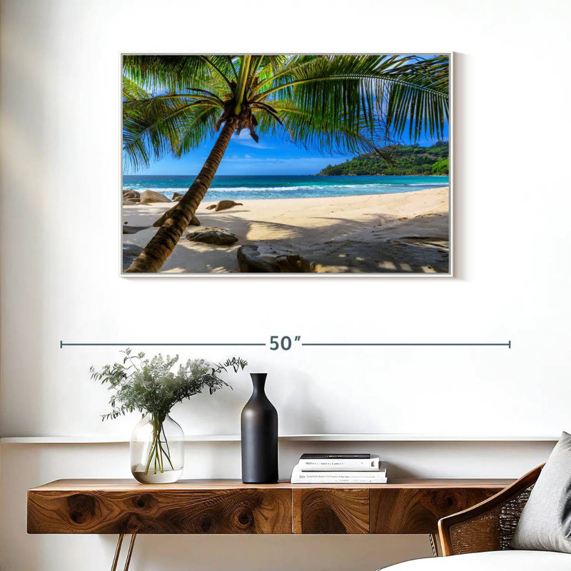 Palmier sur une plage de sable, Cadre flottant blanc, 37 po x 25 po