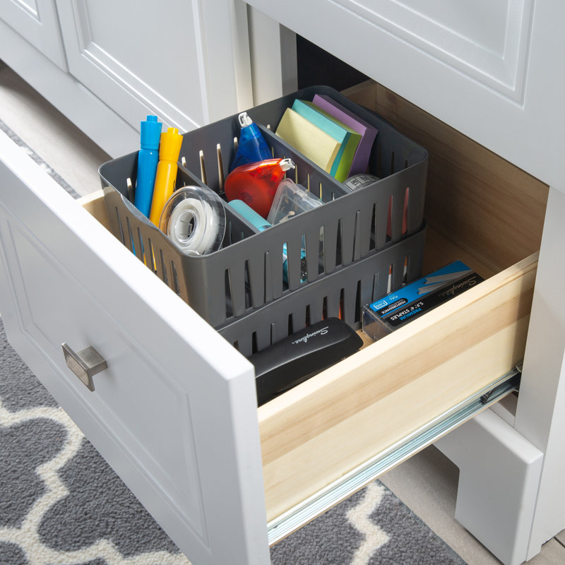 Simplify Medium Gray Stackable Plastic Organizer Baskets with Adjustable Dividers (Set of 4)