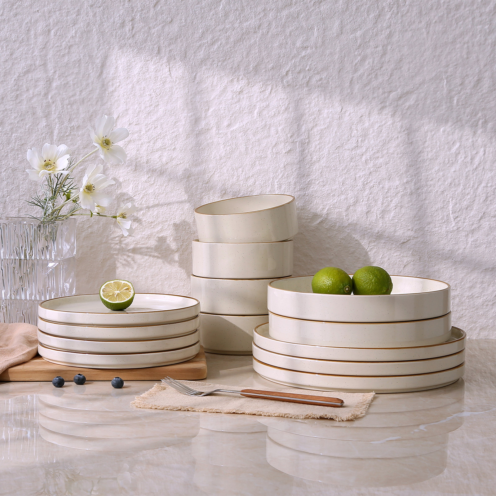 Stoneware Dinnerware Set, Vanilla White with Brown Rim
