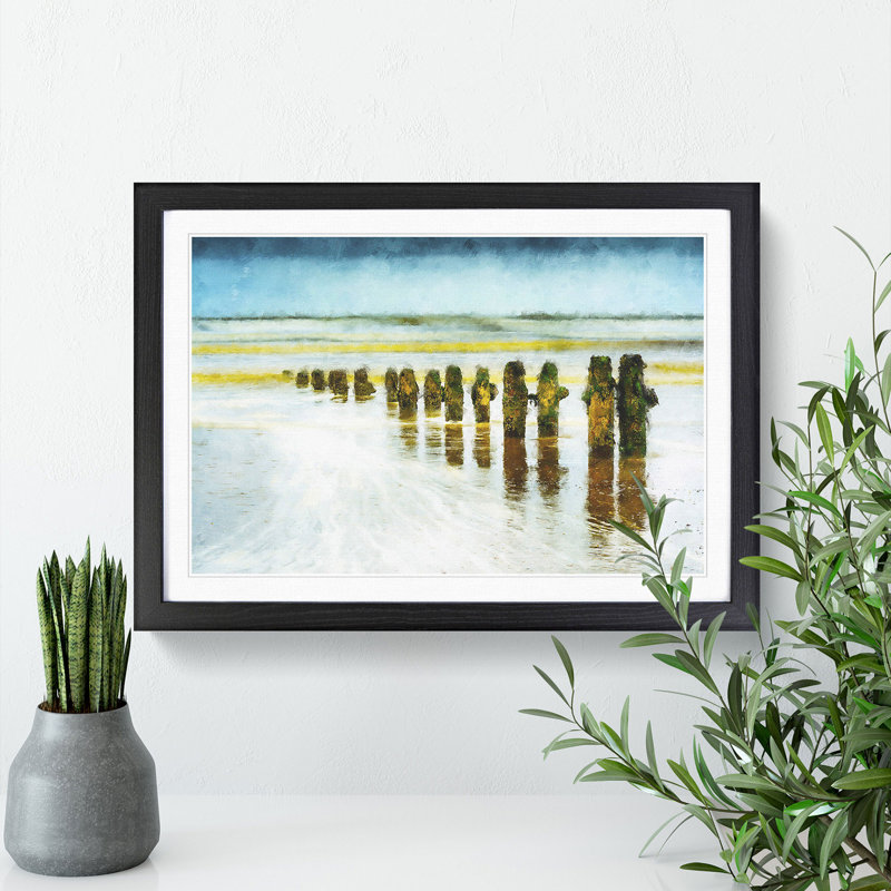 Groynes on Whitby Beach - Picture Frame Painting Print, Black Framed, 45cm H x 63cm W x 2cm D
