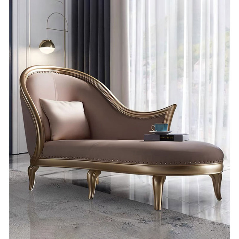 Chaise longue en bois massif et en cuir, de style luxueux et lumineux, pour chambre et salon., Face à la gauche
