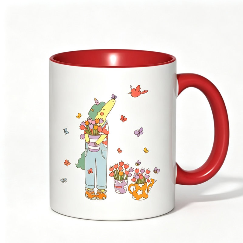 1pc Cute Bunny with Tulips & Floral Print Ceramic Coffee Mug - White Rabbit & Pastel Floral Design, Non-Slip Grip, Dishwasher Safe.