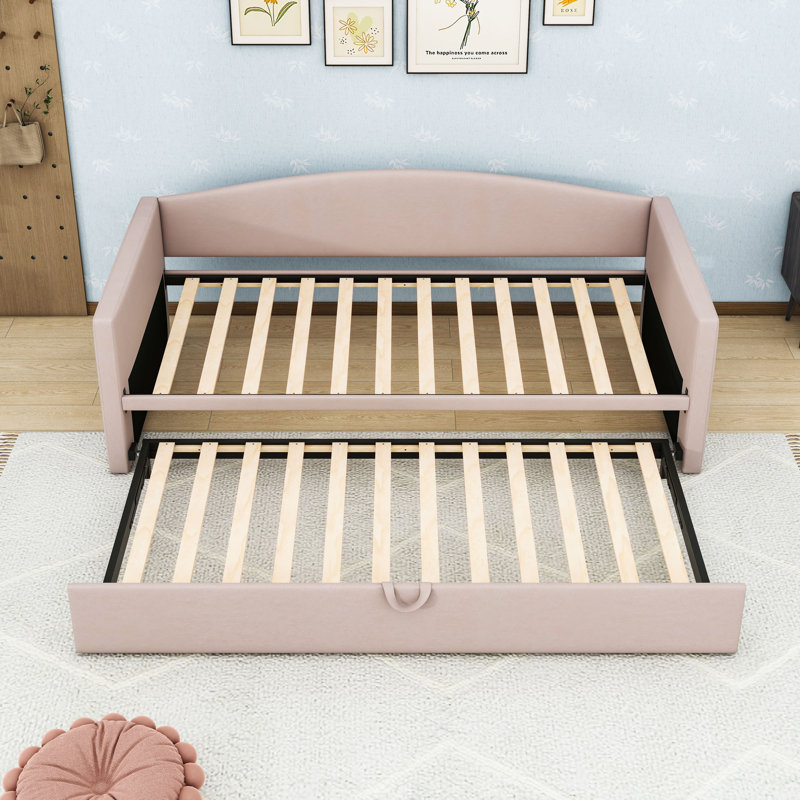 Twin Size Velvet Daybed with Adjustable Twin Trundle, Pink