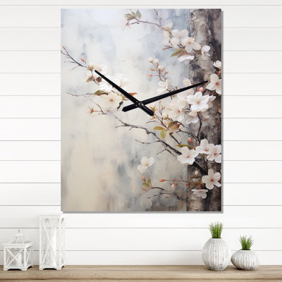 Minimalism White And Grey Cherry Blossom I - Cherry Blossom Wall Clocks