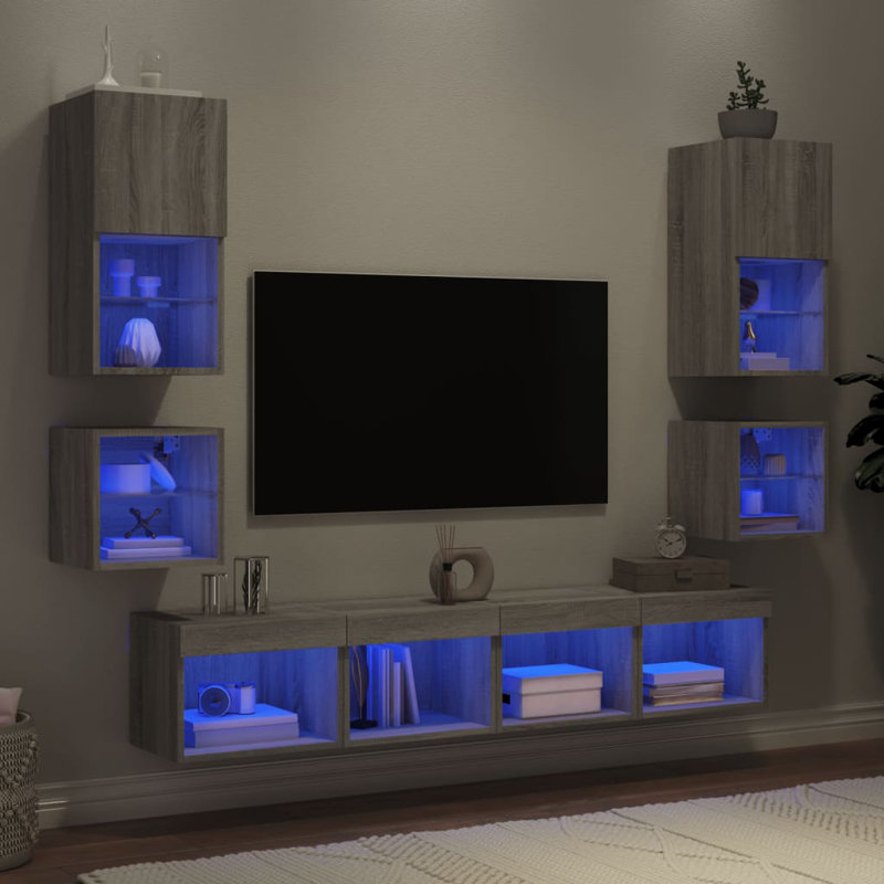  8 Piece TV Wall Units With LED Engineered Wood, Grey Sonoma