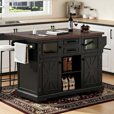 Îlot de cuisine de 54,9 po avec abattant, prise de courant, chariot de rangement de cuisine avec 4 tablettes de porte, portes de grange croisées et porte en verre visuel, îlot de cuisine roulant sur 4 roues pour la cuisine, la salle à manger, noir
