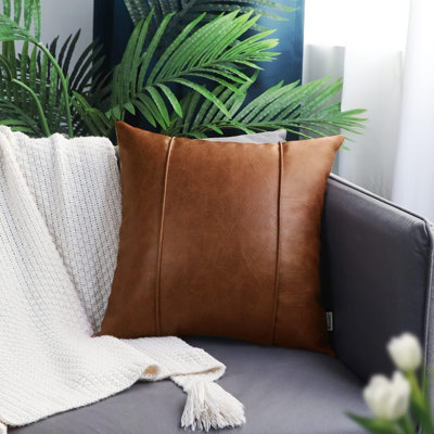 Cognac Leather Throw Pillow Covers 20 X 20 Inches - Faux Leather Pillow Cover With Piping, Hand Stitched Leather Throw Pillow For Couch Sofa Bed Living Room Home Decorative
