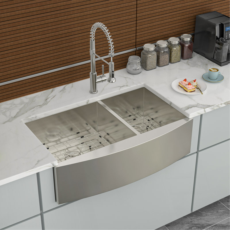 Évier de cuisine double à double cuve - Évier de cuisine en acier inoxydable 33 po x 20 po à tablier frontal encastrable à double cuve de calibre 18 avec deux cuves profondes de 9 po