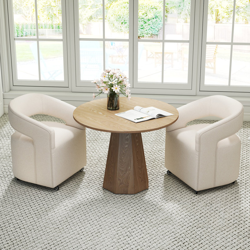 Table de salle à manger moderne en bois et chaise rembourrée avec roulettes, 3 pièces: table, 2 chaises, Brun, Beige