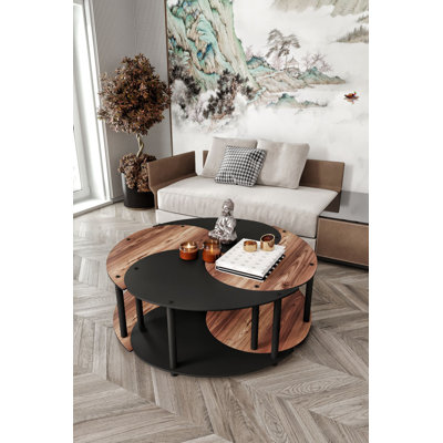 Modern Coffee Table Set (2 Pieces), Walnut & Black, 27.6 x 15.0 x 27.6 inches | 100% MDF with Compressed Kraft Legs | Stylish & Functional Design for Living Room, Perfect for Contemporary Home Décor & Entertaining Guests