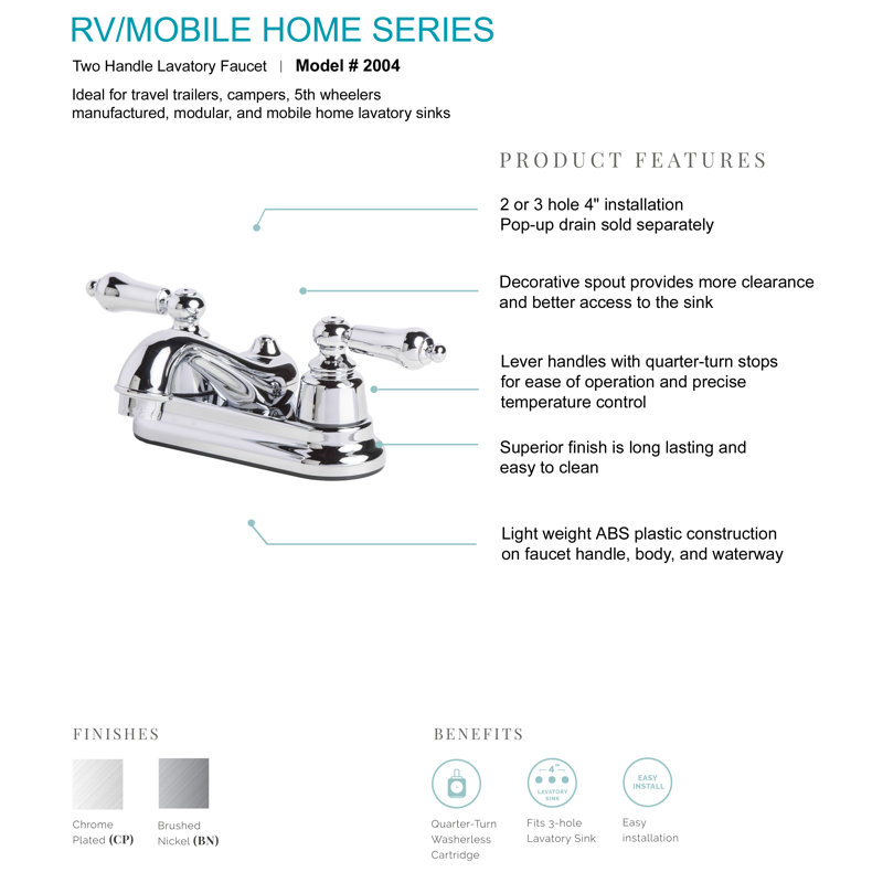 RV/Mobile Home Centerset 2-handle Bathroom Faucet, Brushed Nickel