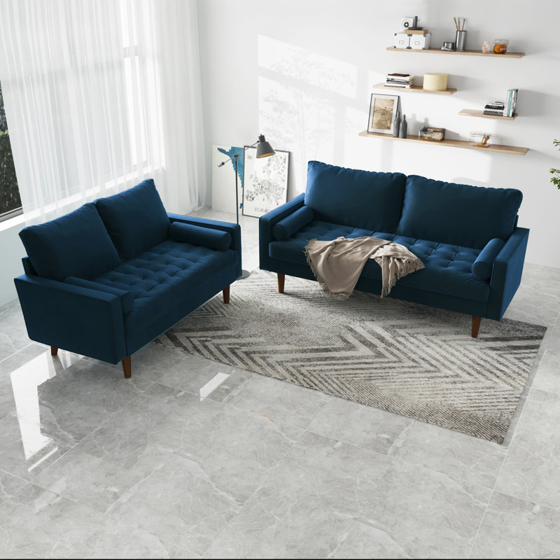 Mirei Velvet Square Arm Living Room Set, Space Blue