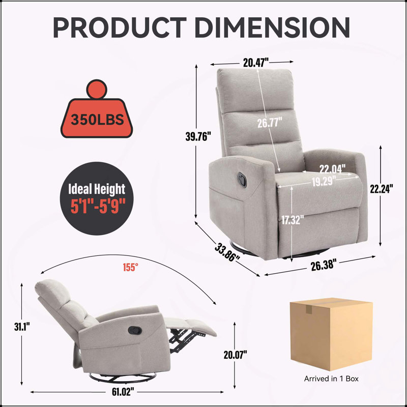 Comfortable Manual Recliner Chair with Rocker and Swivel for Living Room Relaxation, Khaki