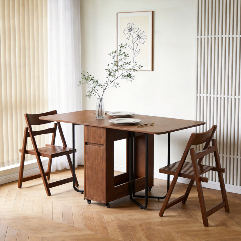 150cm Walnut Folding Dining Table with Casters, Wood Top and 2 Drawers, Frame