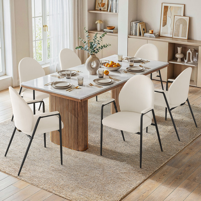 Chaises de salle à manger en tissu de lin de 24,2 po de largeur avec accoudoirs, chaises de cuisine rembourrées à dossier incurvé moderne, chaises d'appoint rembourrées robustes en métal noir pour bistro, salle à manger et cuisine (ensemble de 6)