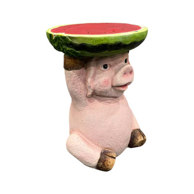 Pig with Watermelon Slice Garden Sculpture – Hand-Painted Resin Outdoor Statue, Whimsical Side Table/Plant Stand