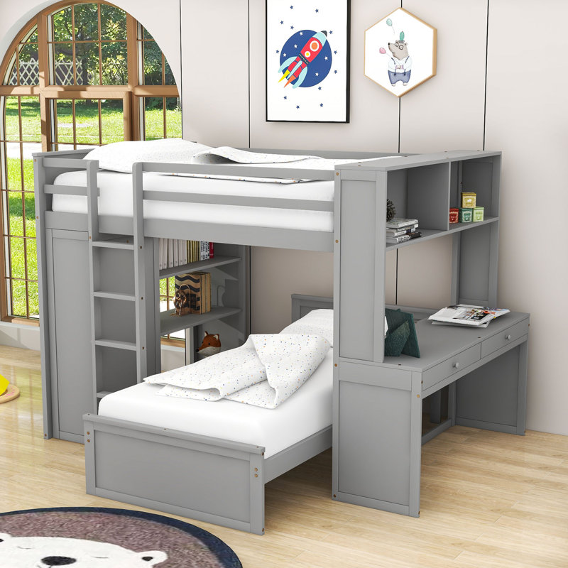 Crone Full Over Twin 2 Drawers Wood Bunk Bed with Shelves,Desk and Wardrobe, Gray