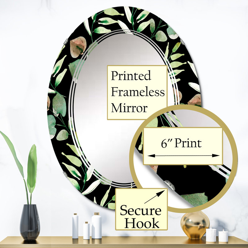 Feuilles vertes tropicales sur fond noir - miroir mural tropical ovale, 36 po x 24 po