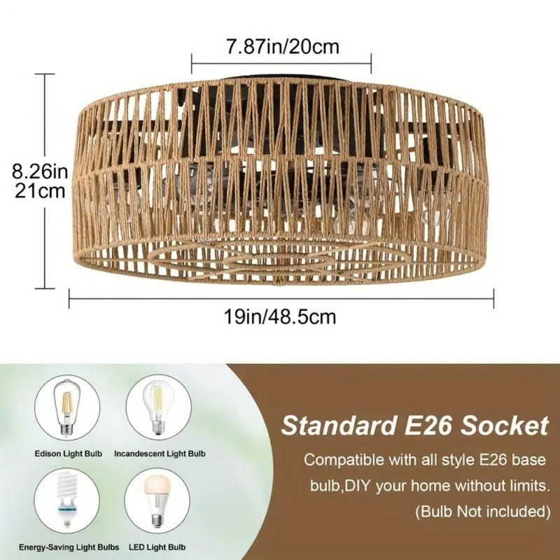 19" Boho Ceiling Fan With Light - Flush Mount Rattan Farmhouse Fan & LED Lamp, Remote Control For Bedroom Decor, Living Room | Home Decor & Room Decor (Low Profile, Enclosed Bamboo Ceiling Fan)