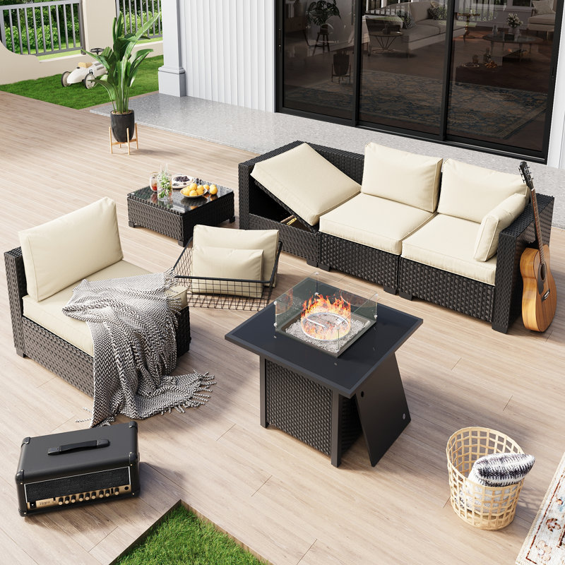 Fully Assembled Chairs, 4-Person Patio Conversation Set Black Chaise Lounge Modular Seating Outdoor Furniture With Fire Pit