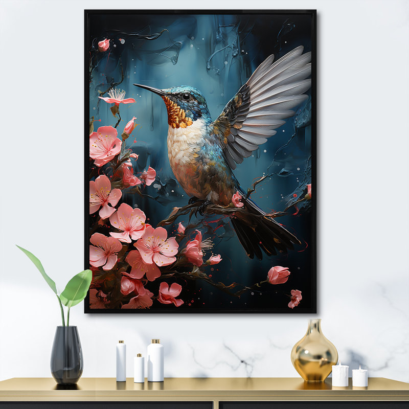 Art floral bleu colibri - Colibri, Cadre flottant noir, H 44 po x l 34 po x P 1,5 po