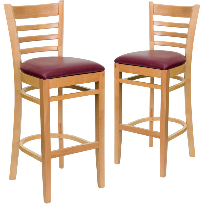 Prompton Vertical Slat Back Wooden Restaurant Barstool, Burgundy, Natural