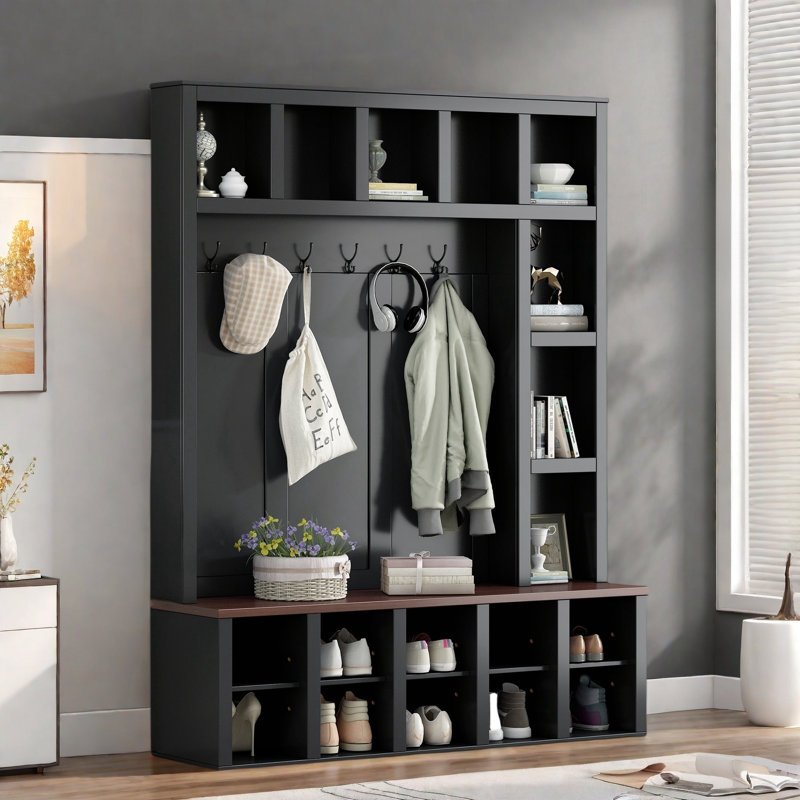 Farmhouse Wooden Hall Tree With Coat Rack, Sitting Bench, Display Shelves And 13 Cubbies, Black
