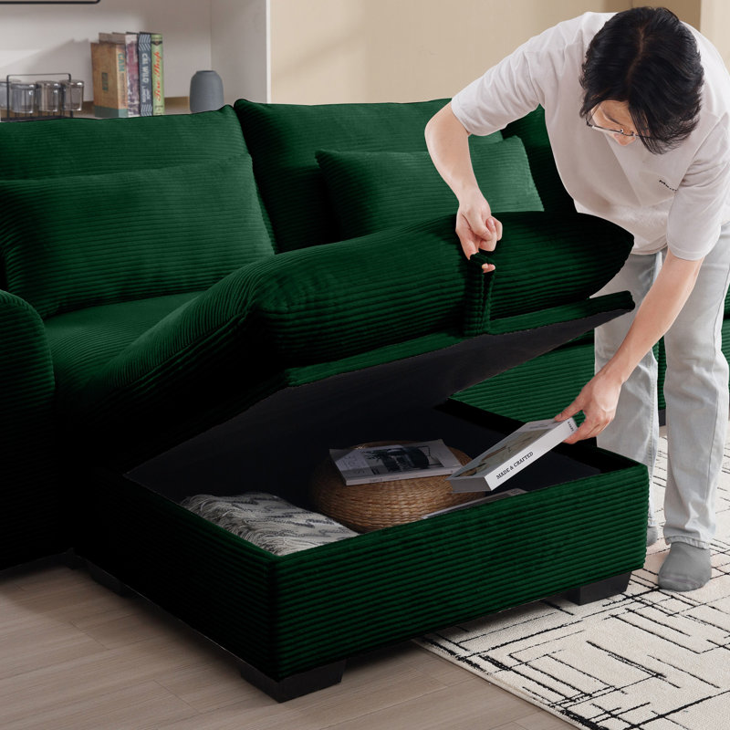 Repose-pieds en velours côtelé 2 places avec rangement pour l'esthétique du salon, Vert