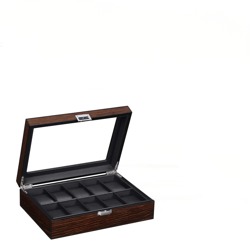Boîte à montre - Boîtier de montre de luxe à 10 emplacements avec plateau en verre véritable, intérieur en similicuir lisse, organisateur de montre, brun