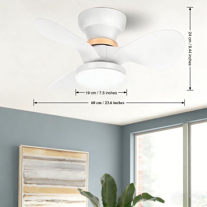 FIMEI 24” Straight 3 Blades Flush Mount Modern Ceiling Fan with Dimmable LED Light Kit,RC,Reversible Blades,6 Speeds, White