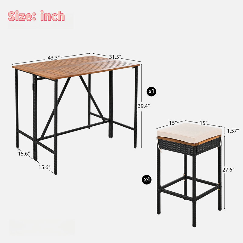 5-piece Outdoor Dining Table Sets Included 1 Foldable Table And Stools With Cushions, 4