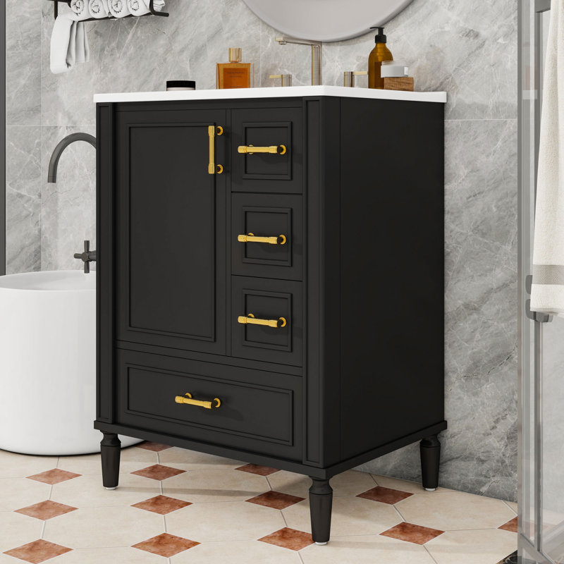 Modern Bathroom Vanity with Ceramic Sink, Soft-Close Door, 3 Drawers and Gold Handles, Black