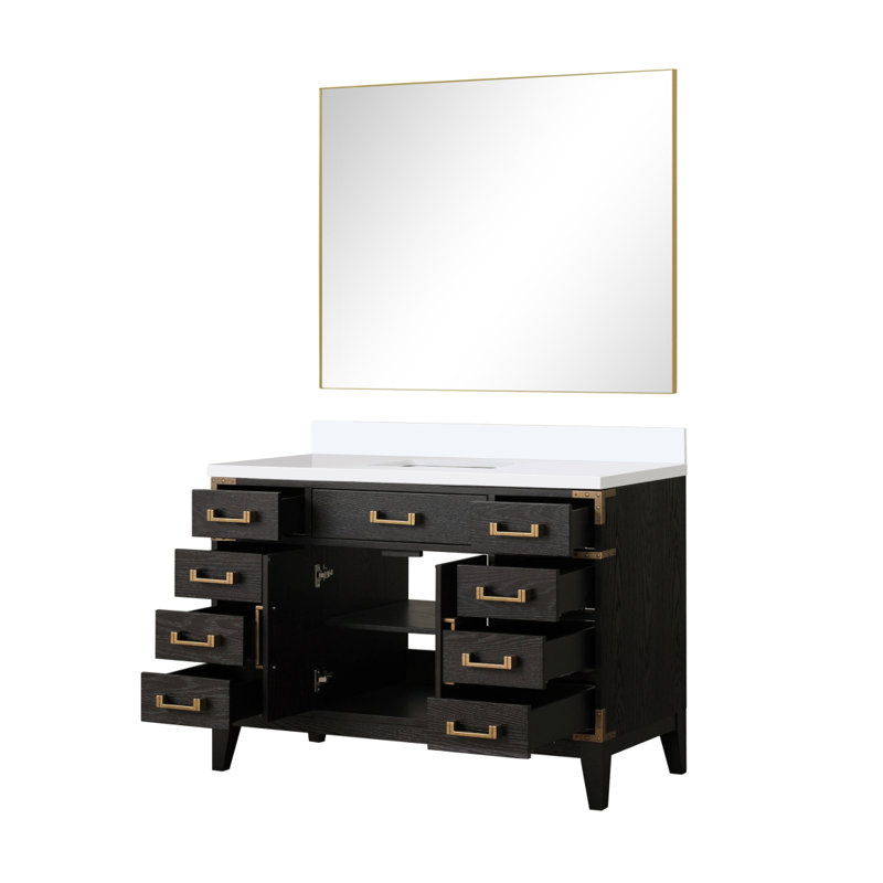 Black Oak Single Bath Vanity 48 In. W X 22 In. D, Cultured Marble Top, And 46 In. Mirror, Black/White