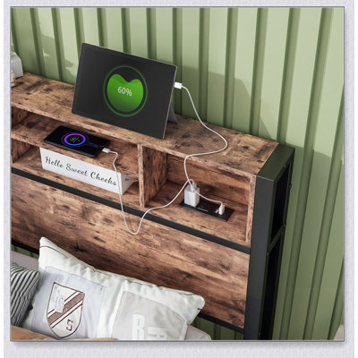 Structure de lit avec tête de lit avec rangement, lit plateforme en métal avec station de charge