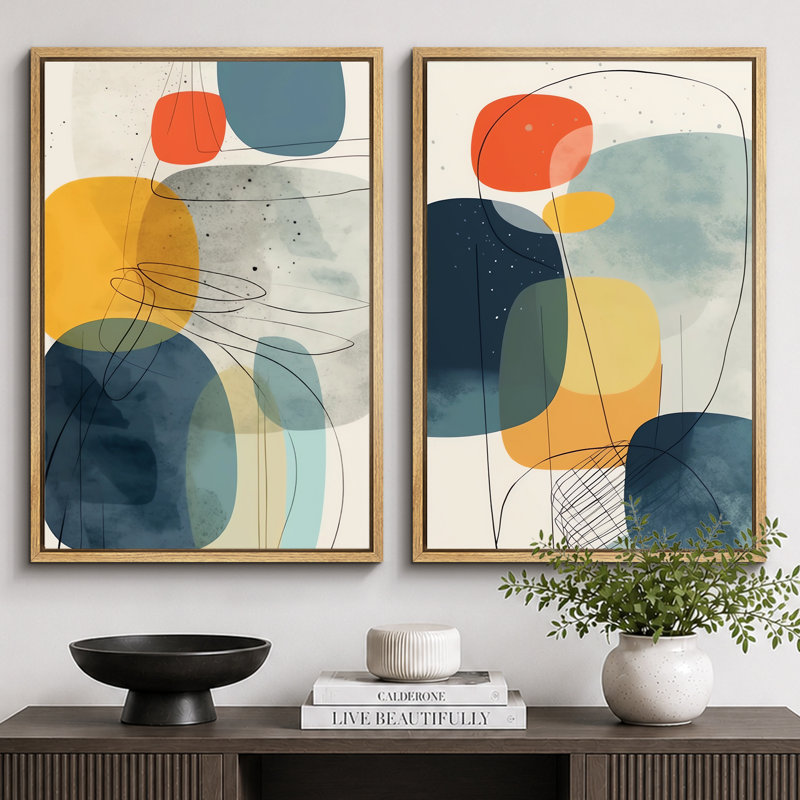 Mid Century Shape "Vibrant Blue & Yellow & Orange Polygon Artwork, Modern Abstract Geometric Wall Pictures, Framed Canvas Giclee Print 2 Pieces Wall Art Set" 16x24x2 pcs, 24x36x2 pcs