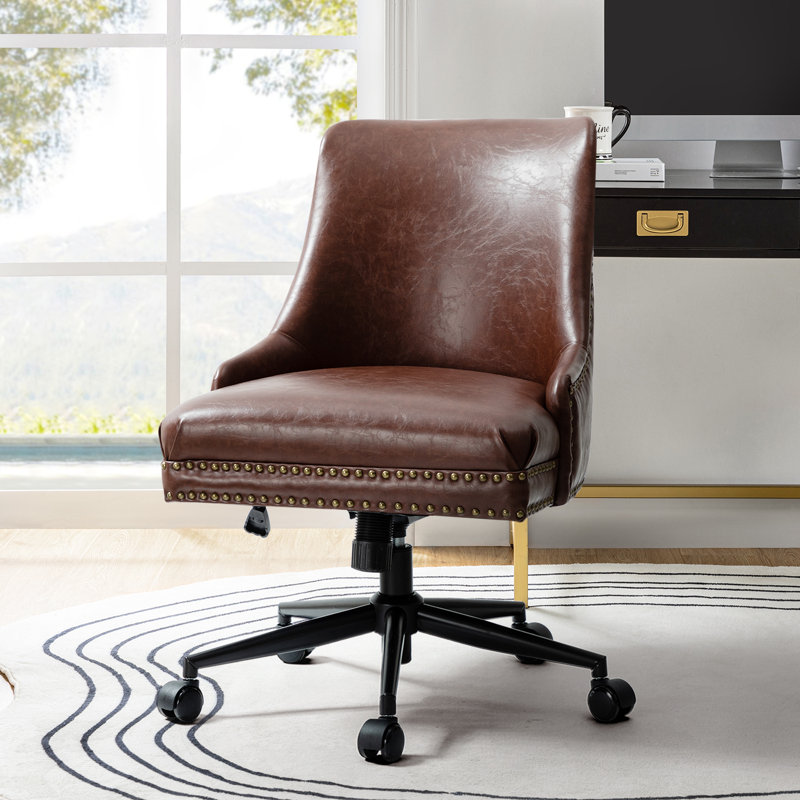 Positano Modern 22" W Faux Leather Tilting Swivel Task Chair with Nailhead Trims, Brown Pebbled Faux Leather
