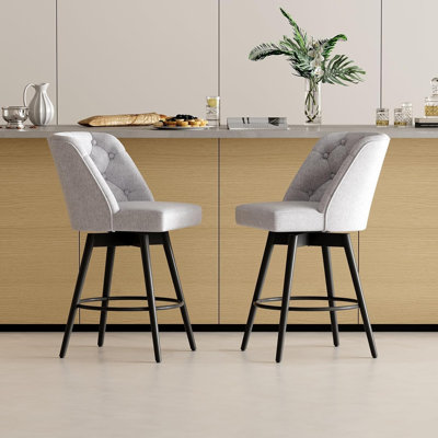 Paquet de 2 tabourets de bar rembourrés à hauteur de comptoir Takywep avec dossier capitonné, chaises de bar modernes en tissu de lin de 26 pouces avec pieds et repose-pieds en métal noir pour îlot de cuisine